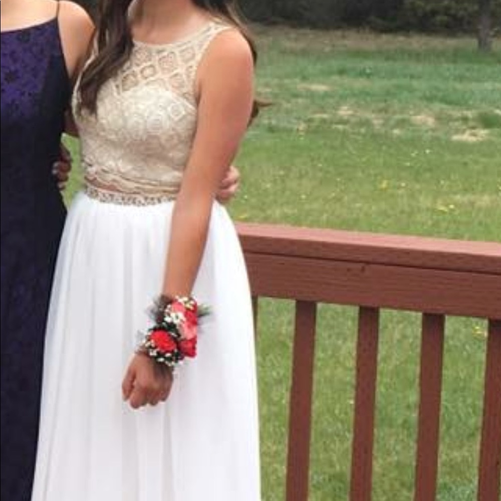 White and Gold full length prom dress